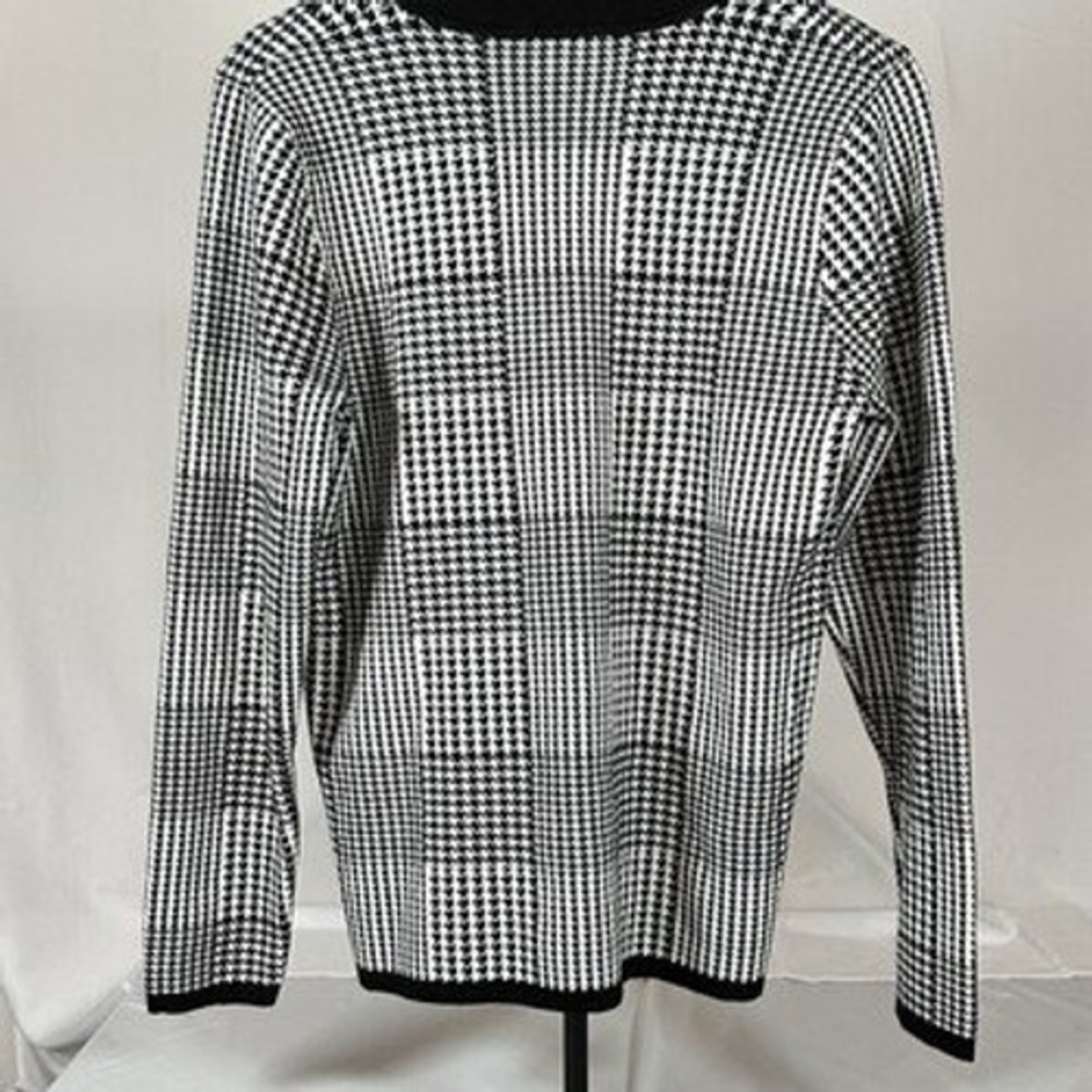 Tahari Houndstooth Plaid Mock Neck Knit Sweater Black White Office Chic Large - Picture 3 of 4